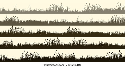 Meadow silhouettes with grass, plants on plain. Panoramic summer lawn landscape with herbs, various weeds. Herbal border, frame element. Brown horizontal banners. Vector illustration