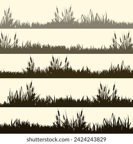 Meadow silhouettes with grass, plants on plain. Panoramic summer lawn landscape with herbs, various weeds. Herbal border, frame element. Brown horizontal banners. Vector illustration