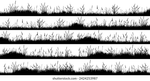 Meadow silhouettes with grass, plants on plain. Panoramic summer lawn landscape with herbs, various weeds. Herbal border, frame element. Black horizontal banners. Vector illustration