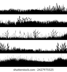 Siluetas de prado con hierba, plantas en llanura. Paisaje panorámico de césped de verano con hierbas, varias malezas. Borde de hierbas, elemento de marco. Banners horizontales negros. Ilustración de vector