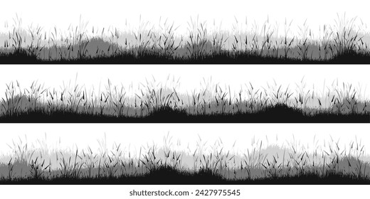 Siluetas de prado con hierba, plantas en llanura. Paisaje panorámico de césped de verano con hierbas, varias malezas. Borde de hierbas, marco. Fondo de la naturaleza. Banner horizontal negro. Ilustración de vector