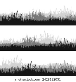 Meadow silhouettes with grass, plants on plain. Panoramic summer lawn landscape with herbs, various weeds. Herbal border, frame. Nature background. Black horizontal banner. Vector illustration
