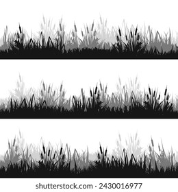 Meadow silhouettes with grass, plants on plain. Panoramic summer lawn landscape with herbs, various weeds. Herbal border, frame. Nature background. Black horizontal banner. Vector illustration