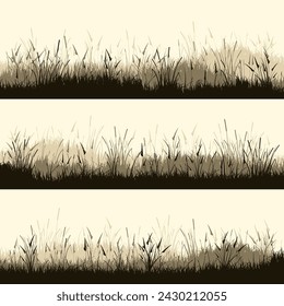 Meadow silhouettes with grass, plants on plain. Panoramic summer lawn landscape with herbs, various weeds. Herbal border, frame. Nature background. Brown horizontal banner. Vector illustration