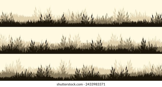 Meadow silhouettes with grass, plants on plain. Panoramic summer lawn landscape with herbs, various weeds. Herbal border, frame. Nature background. Brown horizontal banner. Vector illustration