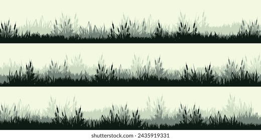 Siluetas de prado con hierba, plantas en llanura. Paisaje panorámico de césped de verano con hierbas, varias malezas. Borde de hierbas, marco. Fondo de la naturaleza. Banner horizontal verde. Ilustración de vector