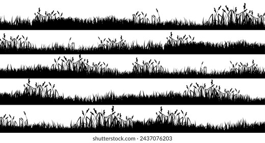 Siluetas de prado con hierba, plantas en llanura. Paisaje panorámico de césped de verano con hierbas, varias malezas. Borde de hierbas, elemento de marco. Banners horizontales negros. Ilustración de vector