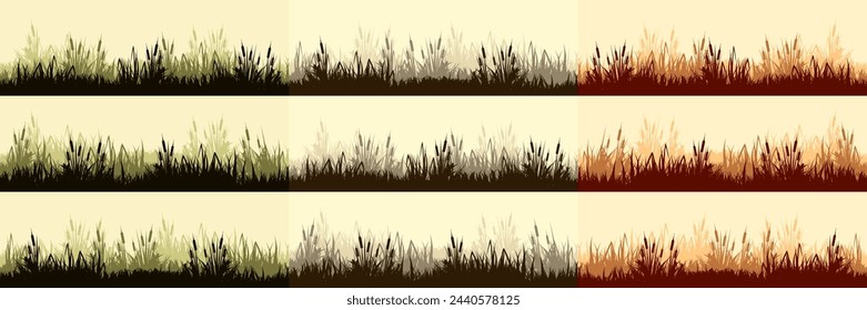 Meadow silhouettes with grass, plants on plain. Panoramic summer lawn landscape with herbs, various weeds. Herbal border, frame. Nature background. Green horizontal banner. Vector illustration