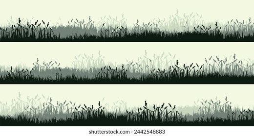 Meadow silhouettes with grass, plants on plain. Panoramic summer lawn landscape with herbs, various weeds. Herbal border, frame. Nature background. Green horizontal banner. Vector illustration