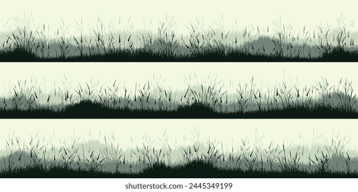 Meadow silhouettes with grass, plants on plain. Panoramic summer lawn landscape with herbs, various weeds. Herbal border, frame. Nature background. Green horizontal banner. Vector illustration