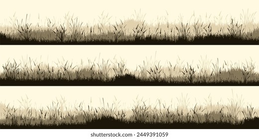 Siluetas de prado con hierba, plantas en llanura. Paisaje panorámico de césped de verano con hierbas, varias malezas. Borde de hierbas, marco. Fondo de la naturaleza. Anuncio Horizontal marrón. Ilustración vectorial