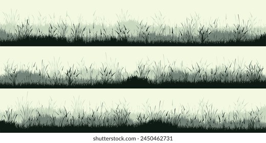 Meadow silhouettes with grass, plants on plain. Panoramic summer lawn landscape with herbs, various weeds. Herbal border, frame. Nature background. Green horizontal banner. Vector illustration