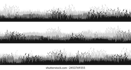 Meadow silhouettes with grass, plants on plain. Panoramic summer lawn landscape with herbs, various weeds. Herbal border, frame. Nature background. Black horizontal banner. Vector illustration