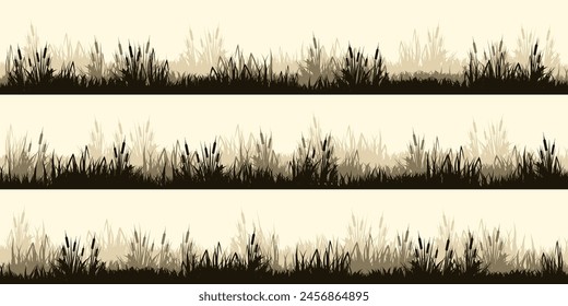 Siluetas de prado con hierba, plantas en llanura. Paisaje panorámico de césped de verano con hierbas, varias malezas. Borde de hierbas, marco. Fondo de la naturaleza. Anuncio Horizontal marrón. Ilustración vectorial