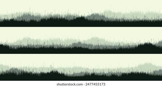 Meadow silhouettes with grass, plants on plain. Panoramic summer lawn landscape with herbs, various weeds. Herbal border, frame. Nature background. Green horizontal banner. Vector illustration