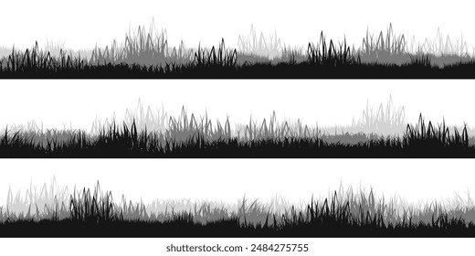 Meadow silhouettes with grass, plants on plain. Panoramic summer lawn landscape with herbs, various weeds. Herbal border, frame. Nature background. Black horizontal banner. Vector illustration