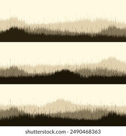Meadow silhouettes with grass, plants on plain. Panoramic summer lawn landscape with herbs, various weeds. Herbal border, frame. Nature background. Brown horizontal banner. Vector illustration