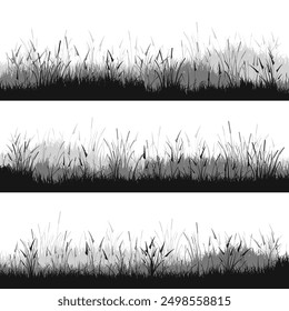 Meadow silhouettes with grass, plants on plain. Panoramic summer lawn landscape with herbs, various weeds. Herbal border, frame. Nature background. Black horizontal banner. Vector illustration