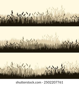 Meadow silhouettes with grass, plants on plain. Panoramic summer lawn landscape with herbs, various weeds. Herbal border, frame. Nature background. Brown horizontal banner. Vector illustration