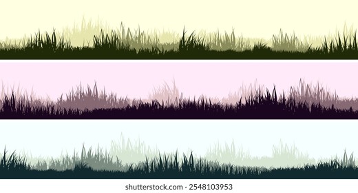 Silhuetas de prado com grama, plantas na planície. Paisagem panorâmica do gramado de verão com ervas, várias ervas daninhas. Borda de ervas, quadro. Natureza e fundo. Banner horizontal verde. Ilustração vetorial