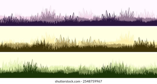 Siluetas de prado con hierba, plantas en llanura. Paisaje panorámico de césped de verano con hierbas, varias malezas. Frontera de hierbas, marco. Fondo de la naturaleza. Anuncio Horizontal verde. Ilustración vectorial