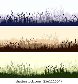 Meadow silhouettes with grass, plants on plain. Panoramic summer lawn landscape with herbs, various weeds. Herbal border, frame. Nature background. Green horizontal banner. Vector illustration