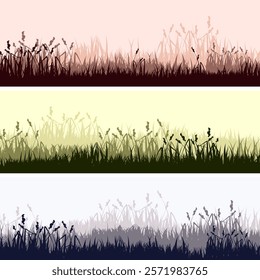 Meadow silhouettes with grass, plants on plain. Panoramic summer lawn landscape with herbs, various weeds. Herbal border, frame. Nature background. Green horizontal banner. Vector illustration