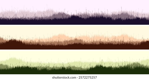 Meadow silhouettes with grass, plants on plain. Panoramic summer lawn landscape with herbs, various weeds. Herbal border, frame. Nature background. Green horizontal banner. Vector illustration