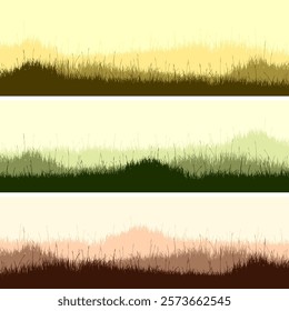 Meadow silhouettes with grass, plants on plain. Panoramic summer lawn landscape with herbs, various weeds. Herbal border, frame. Nature background. Green horizontal banner. Vector illustration