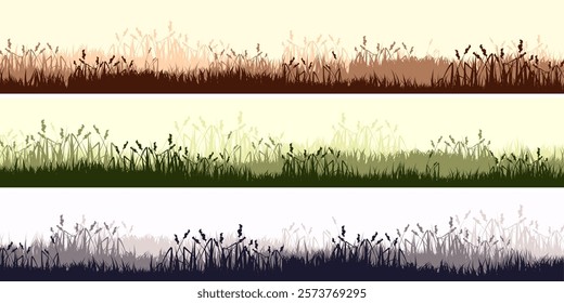 Meadow silhouettes with grass, plants on plain. Panoramic summer lawn landscape with herbs, various weeds. Herbal border, frame. Nature background. Green horizontal banner. Vector illustration