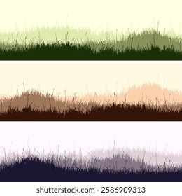 Meadow silhouettes with grass, plants on plain. Panoramic summer lawn landscape with herbs, various weeds. Herbal border, frame. Nature background. Green horizontal banner. Vector illustration