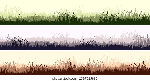 Meadow silhouettes with grass, plants on plain. Panoramic summer lawn landscape with herbs, various weeds. Herbal border, frame. Nature background. Green horizontal banner. Vector illustration