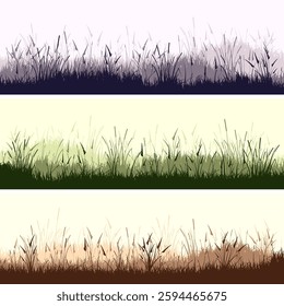 Meadow silhouettes with grass, plants on plain. Panoramic summer lawn landscape with herbs, various weeds. Herbal border, frame. Nature background. Green horizontal banner. Vector illustration