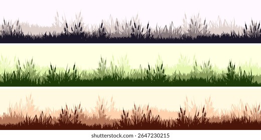 Meadow silhouettes with grass, plants on plain. Panoramic summer lawn landscape with herbs, various weeds. Herbal border, frame. Nature background. Green horizontal banner. Vector illustration