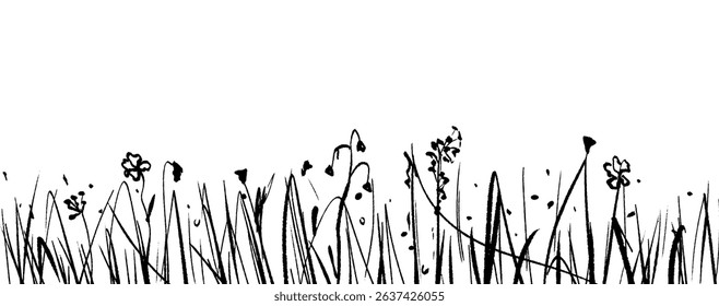 Meadow sketch. Hand drawn field with grass and flowers. Vector illustration.