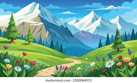 meadow in spring, dotted with wildflowers and surrounded by snow, landscape