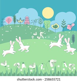 Meadow with spring flowers and funny rabbits 