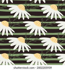 Meadow style seamless pattern with simple calendula flowers shapes. Green striped background. Designed for fabric design, textile print, wrapping, cover. Vector illustration.