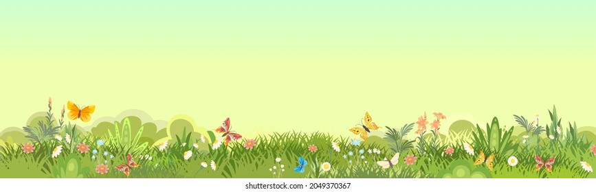 Meadow. Summer herbal glade. Flowers. Grass close up. Rural beautiful landscape. Wild uncut lawn. Cartoon style. Flat design. Illustration vector art.