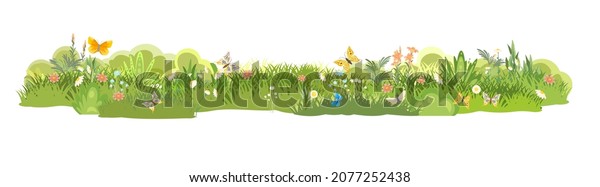 Meadow. Summer\
herbal glade. Grass close up. Flowers. Rural beautiful landscape.\
Wild uncut lawn. Cartoon style. Flat design. Isolared on white\
background. Illustration vector\
art.
