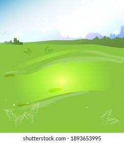 Meadow summer landscape - green grass, sky, color cartoon vector illustration