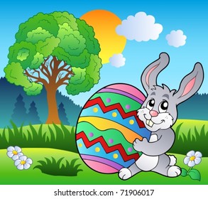 Meadow with tree and Easter bunny - vector illustration.