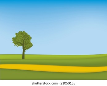 Meadow with tree (vector). Illustration of a rural scene