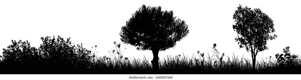Meadow with trees silhouette on white background, vector illustration