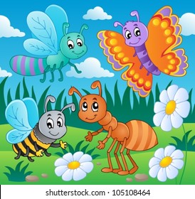 Meadow with various bugs theme 2 - vector illustration.