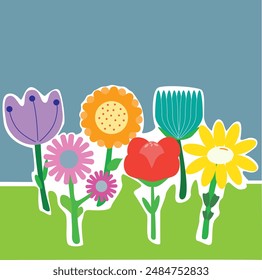 Meadow of Various Flowers under Blue Sky. Various species of colorful flowers blooming on a green meadow under a clear blue sky