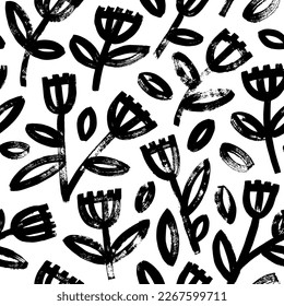Meadow and wild flowers seamless pattern in naive childish style. Brush drawn linear flower branches with leaves. Abstract blossoms black and white decorative ornament. Childish or primitive drawing.