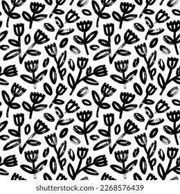 Meadow and wild flowers seamless pattern in naive childish style. Brush drawn linear flower branches with leaves. Abstract blossoms black and white decorative ornament. Childish or primitive drawing.