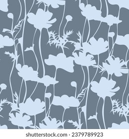 Meadow wild flowers silhouettes on a dark background. Vector seamless pattern. Elegant floral background for home textiles, interiors, linens, cotton fabric, scrap book, wrapping paper.