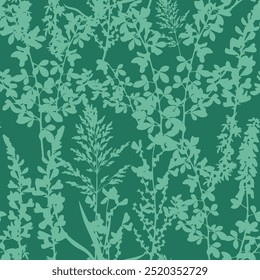 Siluetas de flores silvestres de prado sobre fondo verde oscuro. Patrón sin fisuras de Vector. Fondo floral elegante lindo para textiles para el hogar, interiores, Fondo de pantalla, tela de algodón, papel de embalaje.